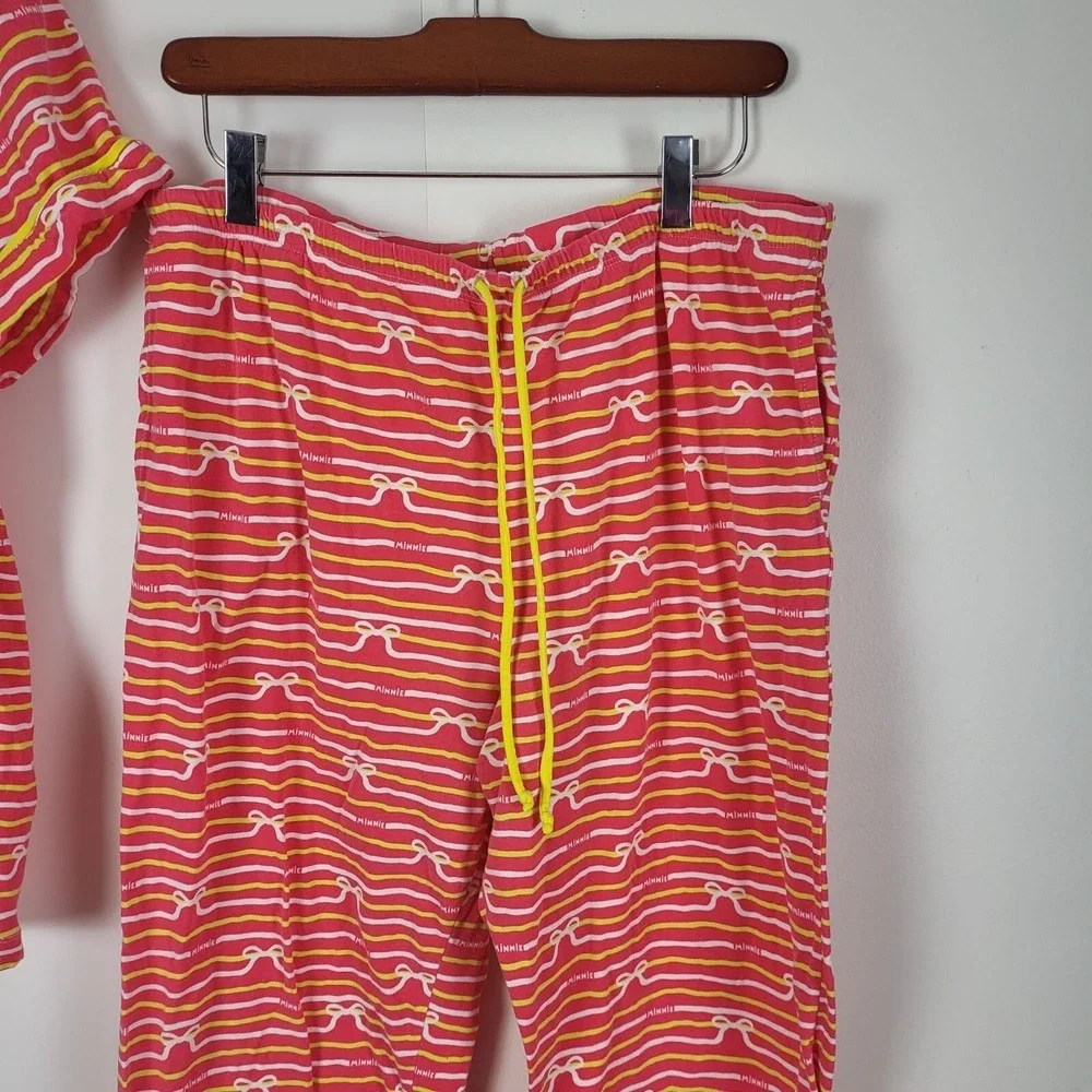 Disney Minnie Mouse Pajama Set L Womens Pink Yellow White Striped Button Front - Picture 5 of 13